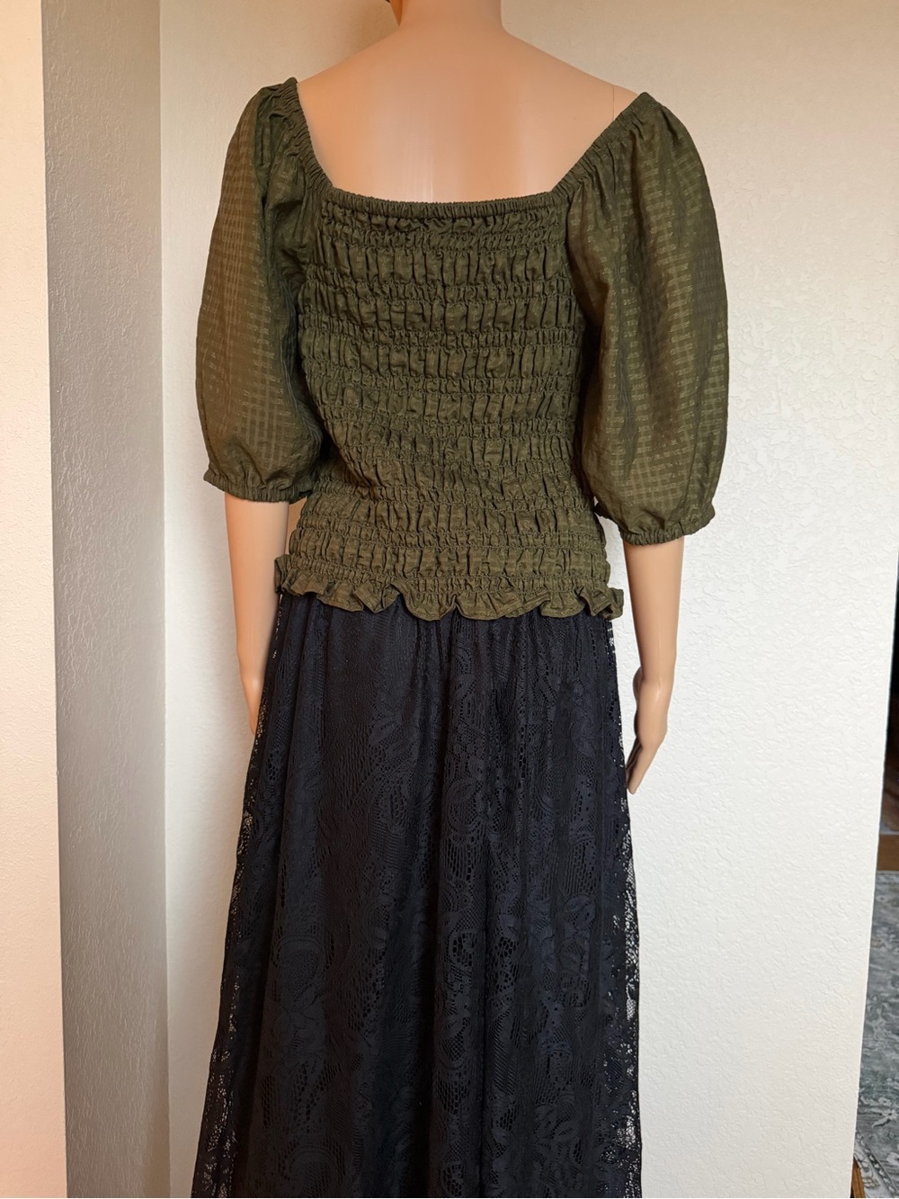 Olive green Old Navy smocked top with puffy sleeves. Size large. - Picture 5 of 7